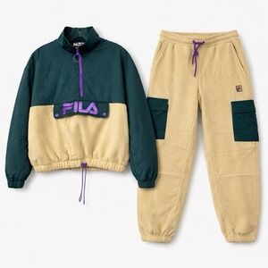 Fila Colorblock Fleece Joggers Set Women XS Green Tan Y2K Style Streetwear Retro